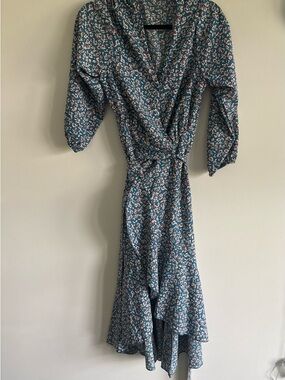 Teal Floral Wrap Maxi Dress with Long Sleeves